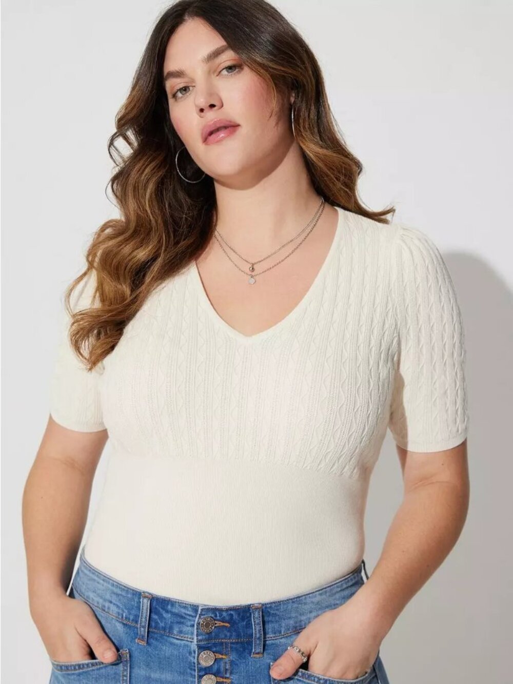 Torrid Pristine/Cream Fitted Pullover V-neck Sweater in Size 1 (14/16)